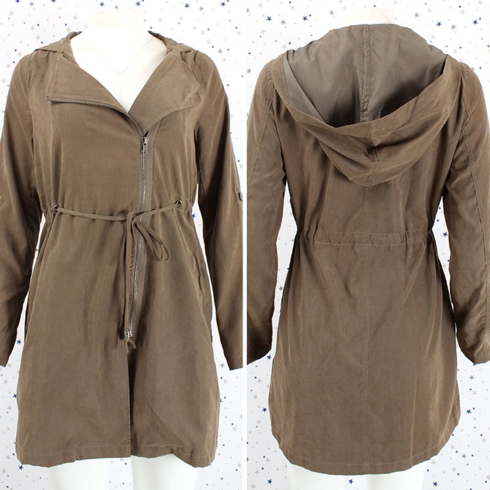 Front Asymmetric Zip Up Hooded Safari Jacket Olive